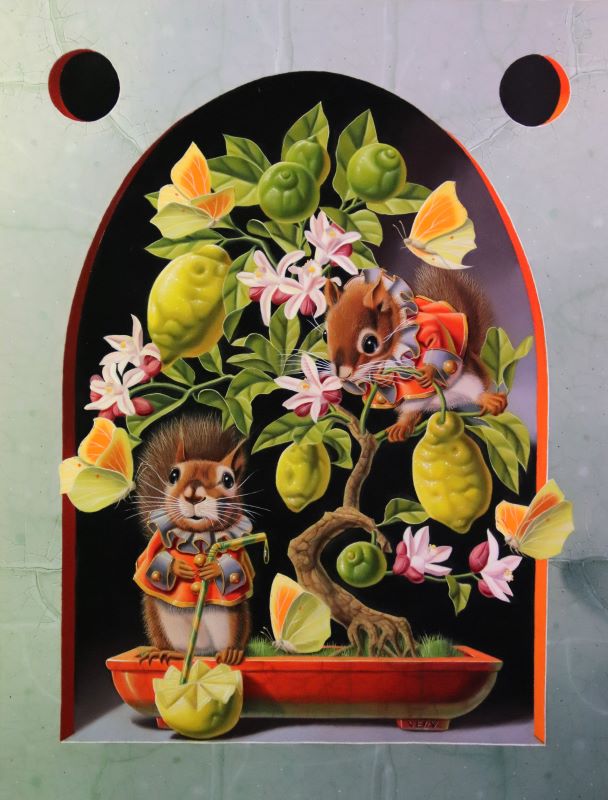 « Les écureuils au bonzaï citronnier » 35x27cm 5f